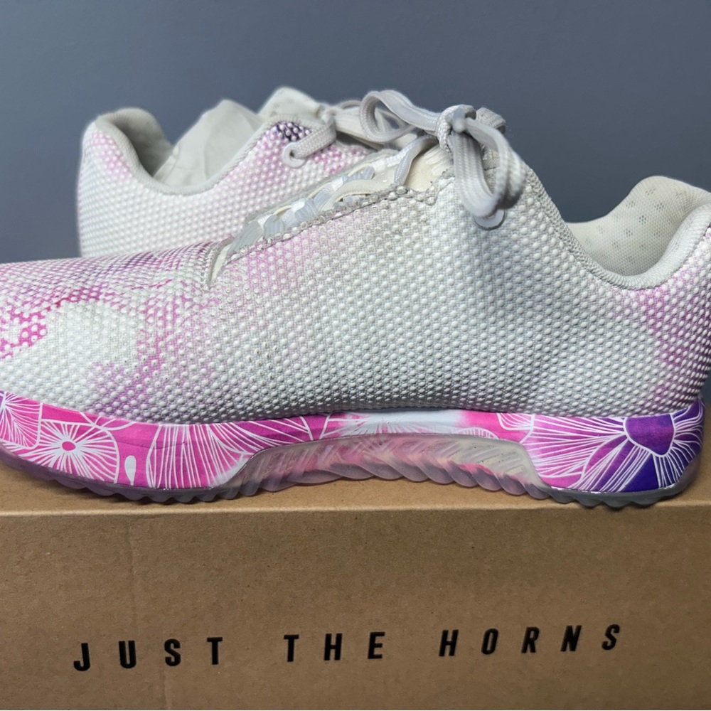 NOBULL Trainer+ Low in pink/white graphic print. Women’s size 8.5 (Men’s 7).